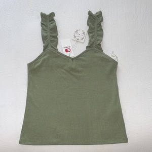 OLIVE GREEN Poof Solid Ruffle Strap Tank Top